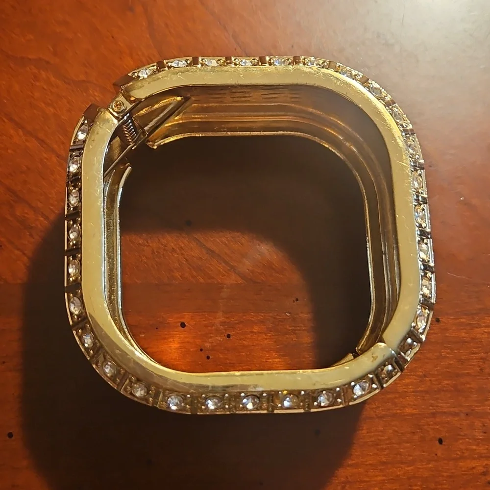 Gold Tone Square Hinged Bangle Bracelet Blue Enamel Band With Rhinestones